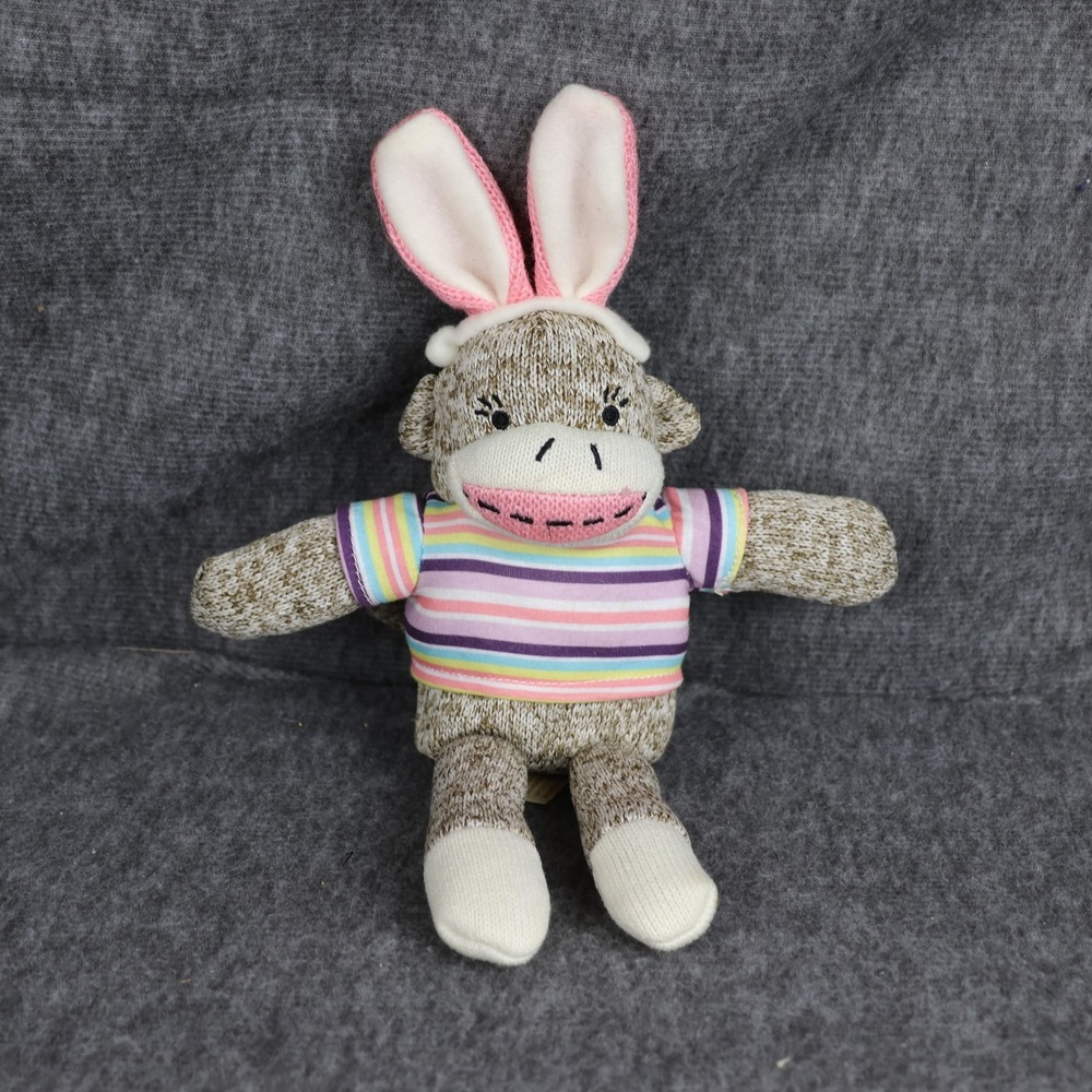 Sock Monkey Easter Bunny Ears Plush‎ Small Multicolor Striped Shirt Stuffed Toy